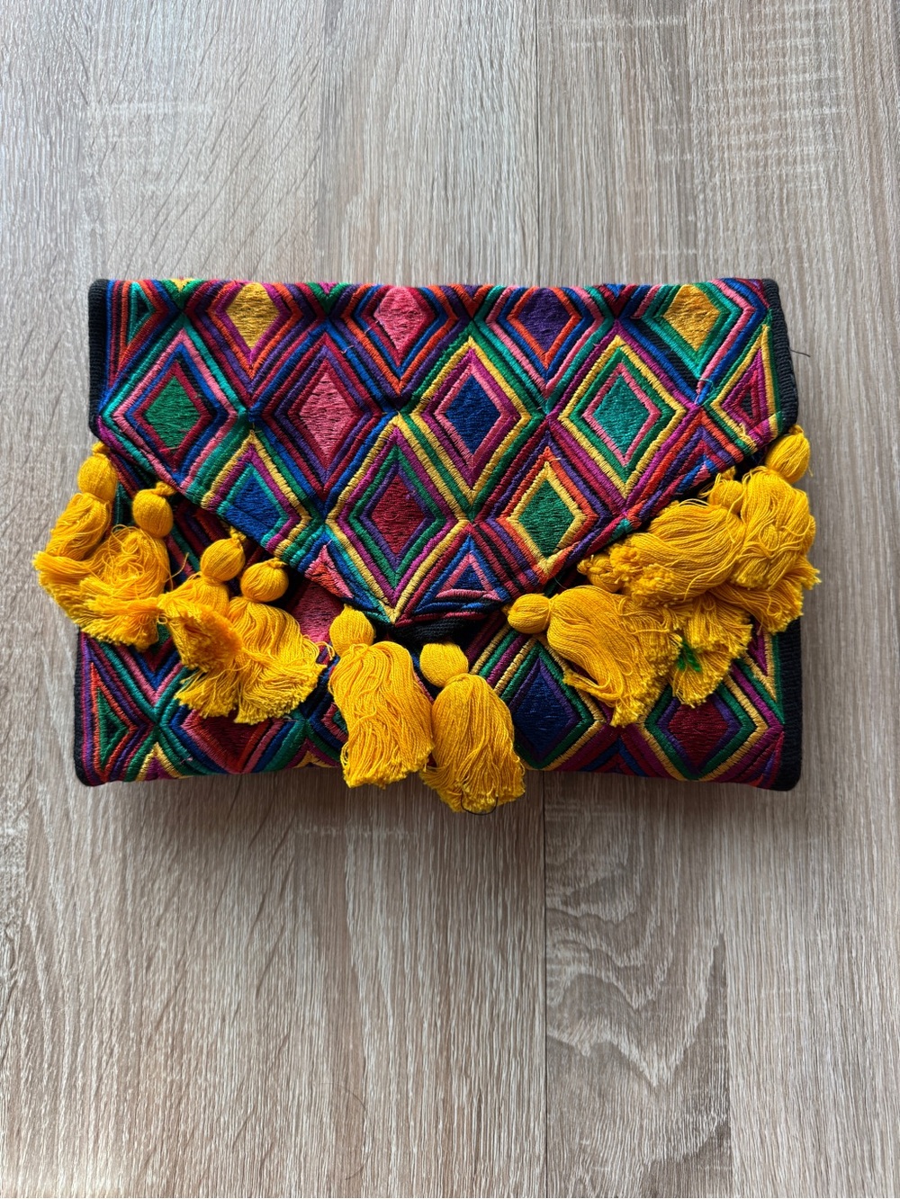 Embroidered Multicolor Diamond Tassel Clutch - Yellow Accents